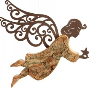 Waldfabrik, photophore en bois et étoile sapin de Noël Ange De Noël A Suspendre En Metal Et Ecorce, 18 Cm