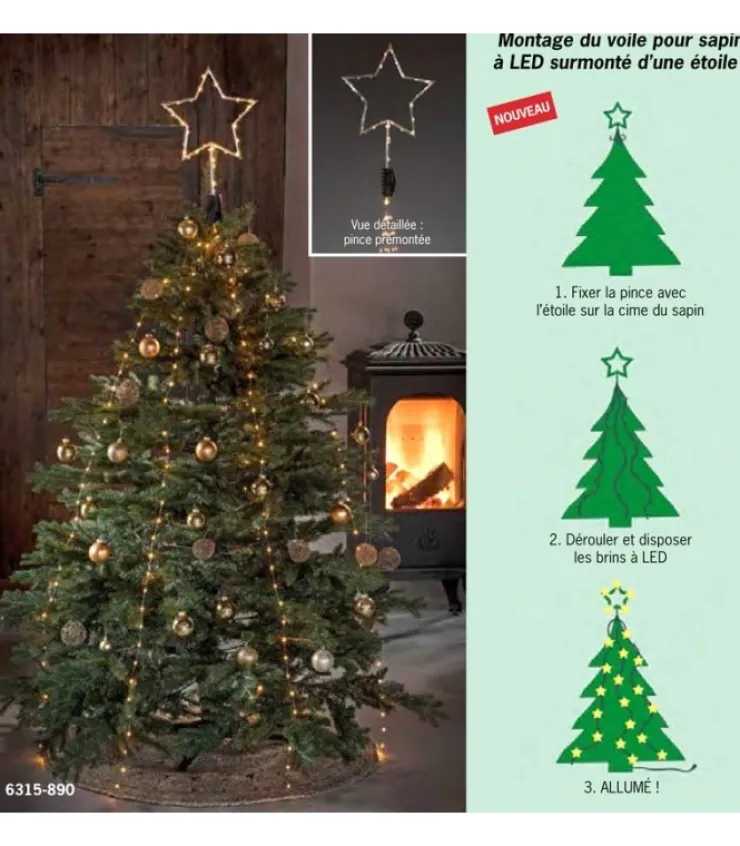 Konstsmide, guirlandes lumineuses de Noël Cime Sapin De Noël, Voile Guirlande Avec Etoile Doree, 274 Diodes Led