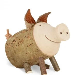 Waldfabrik, photophore en bois et étoile sapin de Noël Cochon En Bois Assis, 4 Cm