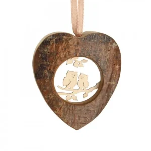 Waldfabrik, photophore en bois et étoile sapin de Noël Coeur En Bois A Suspendre Motif Cisele Hiboux, 6 Cm