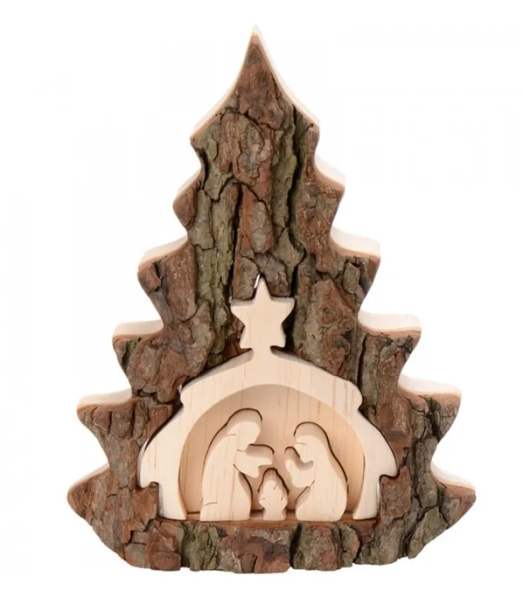 Waldfabrik, photophore en bois et étoile sapin de Noël Crèche De Noël 16 Cm, Taillee Dans Une Ecorce De Bois En Forme De Sapin