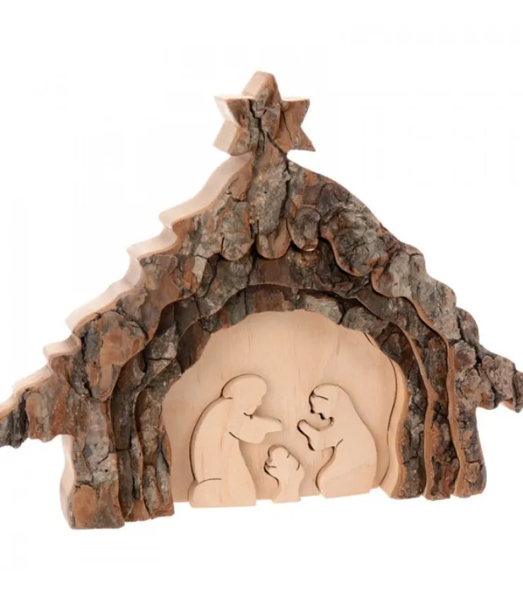 Waldfabrik, photophore en bois et étoile sapin de Noël Crèche De Noël 13 Cm, Taillee Dans Une Ecorce De Bois, Motif Etable