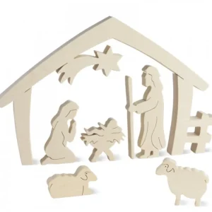 Waldfabrik, photophore en bois et étoile sapin de Noël Crèche De Noël Avec Nativite, Bois Naturel, 15 Cm