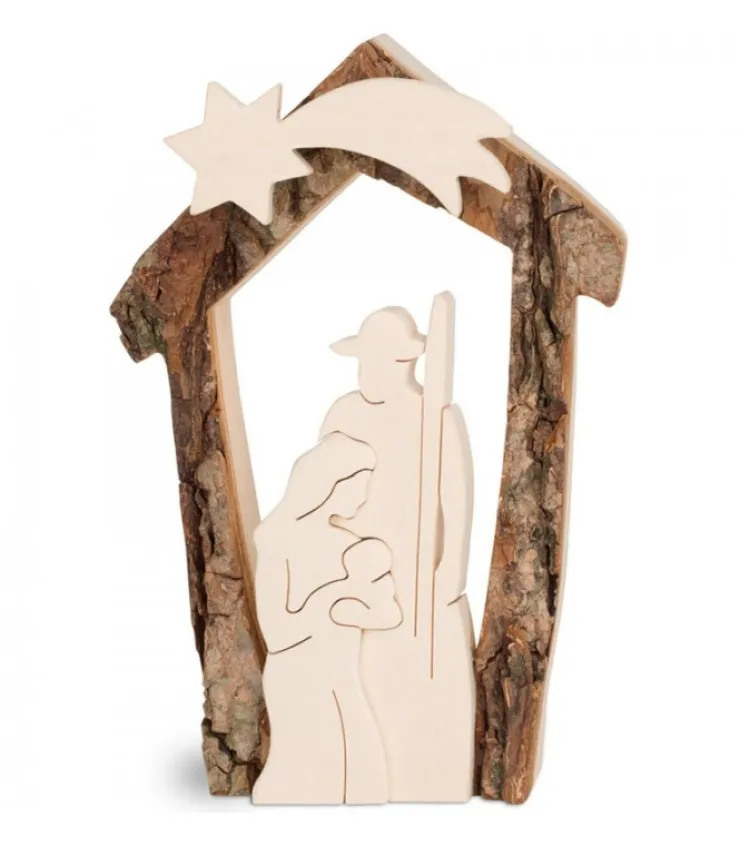 Waldfabrik, photophore en bois et étoile sapin de Noël Crèche De Noël En Ecorce 12,5 Cm, Avec Nativite En Bois D'Erable