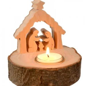 Waldfabrik, photophore en bois et étoile sapin de Noël Crèche De Noël Sur Rondin De Bois Avec Bougeoir