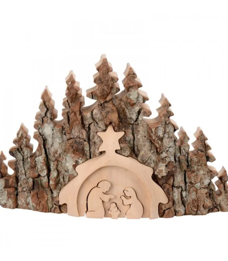 Waldfabrik, photophore en bois et étoile sapin de Noël Crèche De Noël Taillee Dans Une Ecorce De Bois, Motif Etable, 20 Cm