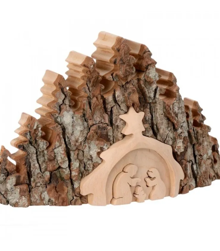 Waldfabrik, photophore en bois et étoile sapin de Noël Crèche De Noël Taillee Dans Une Ecorce De Bois, Motif Etable, 20 Cm