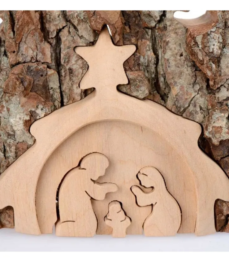Waldfabrik, photophore en bois et étoile sapin de Noël Crèche De Noël Taillee Dans Une Ecorce De Bois, Motif Etable, 20 Cm