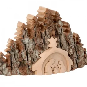 Waldfabrik, photophore en bois et étoile sapin de Noël Crèche De Noël Taillee Dans Une Ecorce De Bois, Motif Etable, 20 Cm