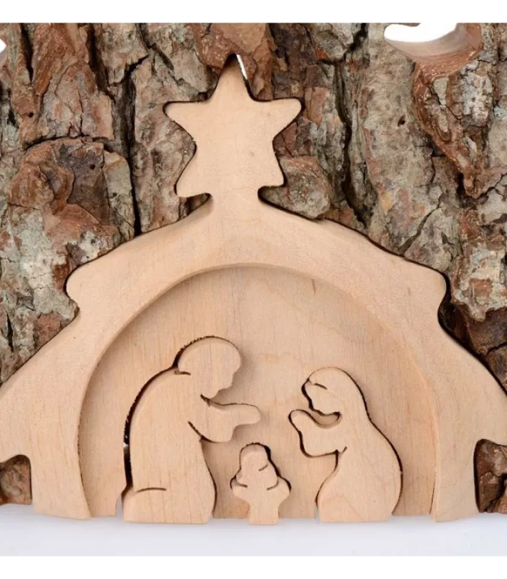 Waldfabrik, photophore en bois et étoile sapin de Noël Crèche De Noël Taillee Dans Une Ecorce De Bois, Motif Etable, 20 Cm