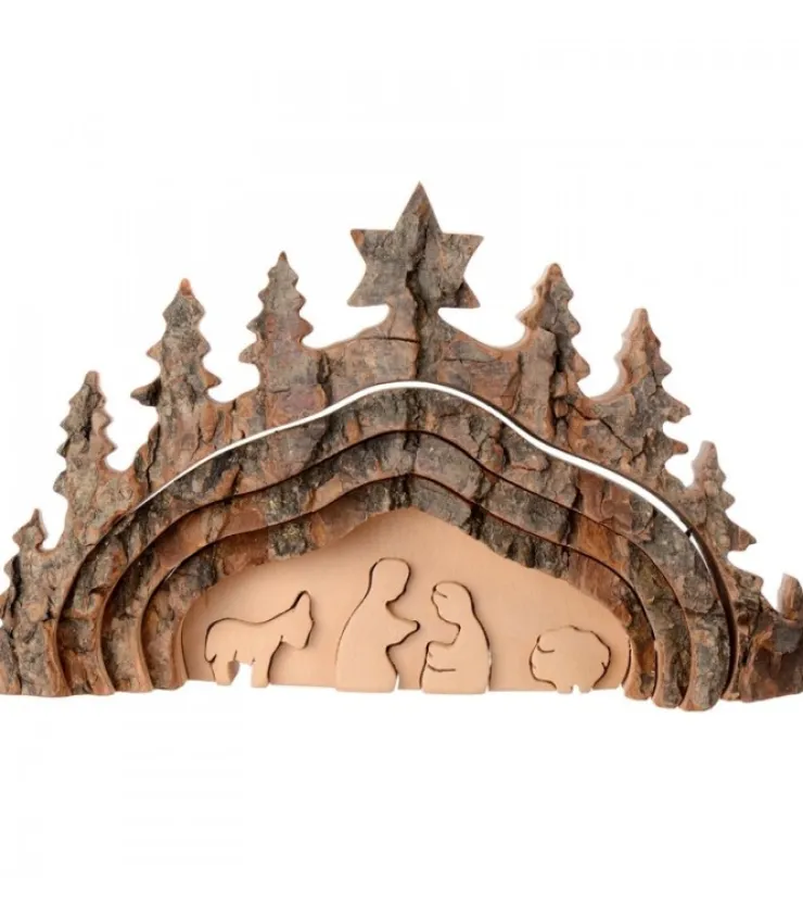 Waldfabrik, photophore en bois et étoile sapin de Noël Crèche De Noël Taillee Dans Une Ecorce De Bois, Motif Grotte, 20 Cm
