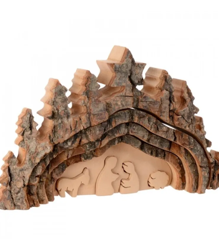 Waldfabrik, photophore en bois et étoile sapin de Noël Crèche De Noël Taillee Dans Une Ecorce De Bois, Motif Grotte, 20 Cm