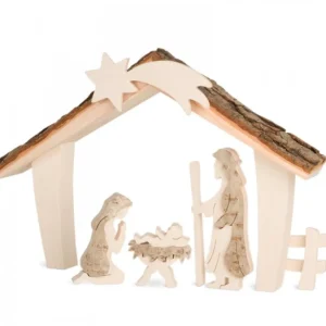 Waldfabrik, photophore en bois et étoile sapin de Noël Etable De Bethleem Avec Figurines En Ecorce, 17 Cm
