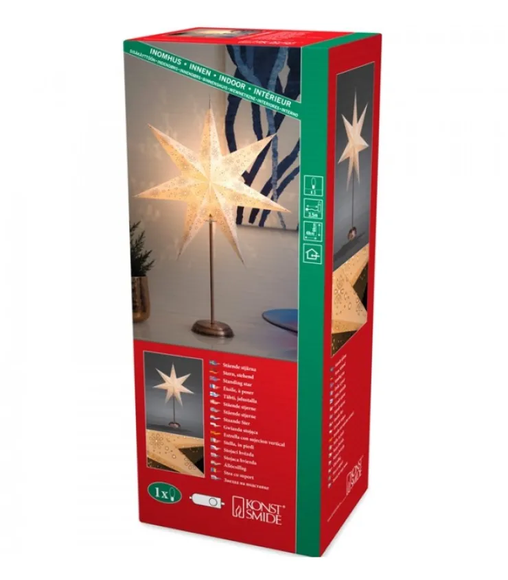 Konstsmide, guirlandes lumineuses de Noël Etoile Lumineuse Electrique 7 Branches En Papier, Blanche, Sur Pied Cuivre 48 Cm