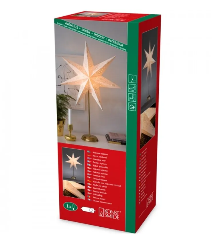 Konstsmide, guirlandes lumineuses de Noël Etoile Lumineuse Electrique 7 Branches En Papier, Blanche, Sur Pied Laiton, 48 Cm