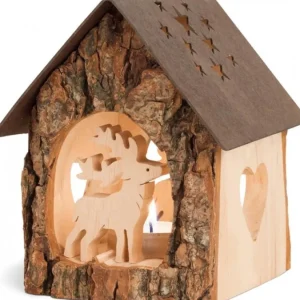 Waldfabrik, photophore en bois et étoile sapin de Noël Lanterne Photophore En Bois Avec Cerf, 14 Cm