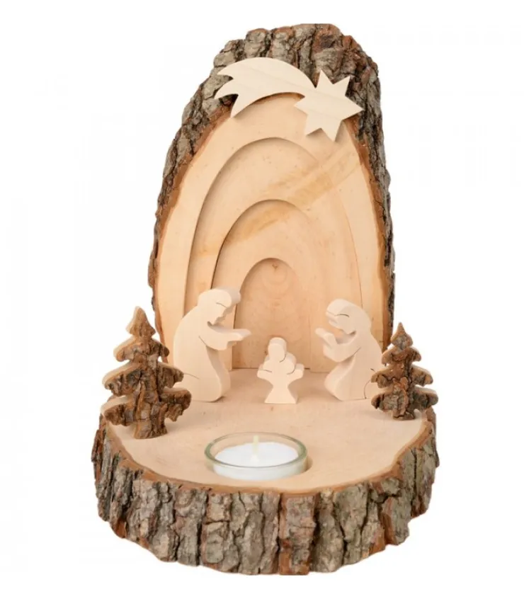 Waldfabrik, photophore en bois et étoile sapin de Noël Petite Crèche De Noël En Ecorce De Bois Avec Sapins Et Bougeoir