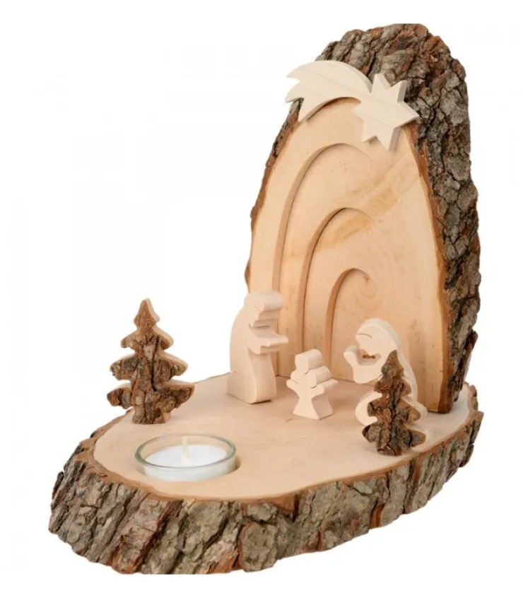 Waldfabrik, photophore en bois et étoile sapin de Noël Petite Crèche De Noël En Ecorce De Bois Avec Sapins Et Bougeoir