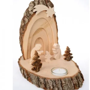 Waldfabrik, photophore en bois et étoile sapin de Noël Petite Crèche De Noël En Ecorce De Bois Avec Sapins Et Bougeoir