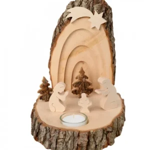 Waldfabrik, photophore en bois et étoile sapin de Noël Petite Crèche De Noël En Ecorce De Bois Avec Sapins Et Bougeoir