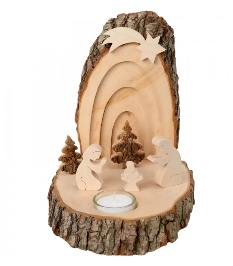 Waldfabrik, photophore en bois et étoile sapin de Noël Petite Crèche De Noël En Ecorce De Bois Avec Sapins Et Bougeoir