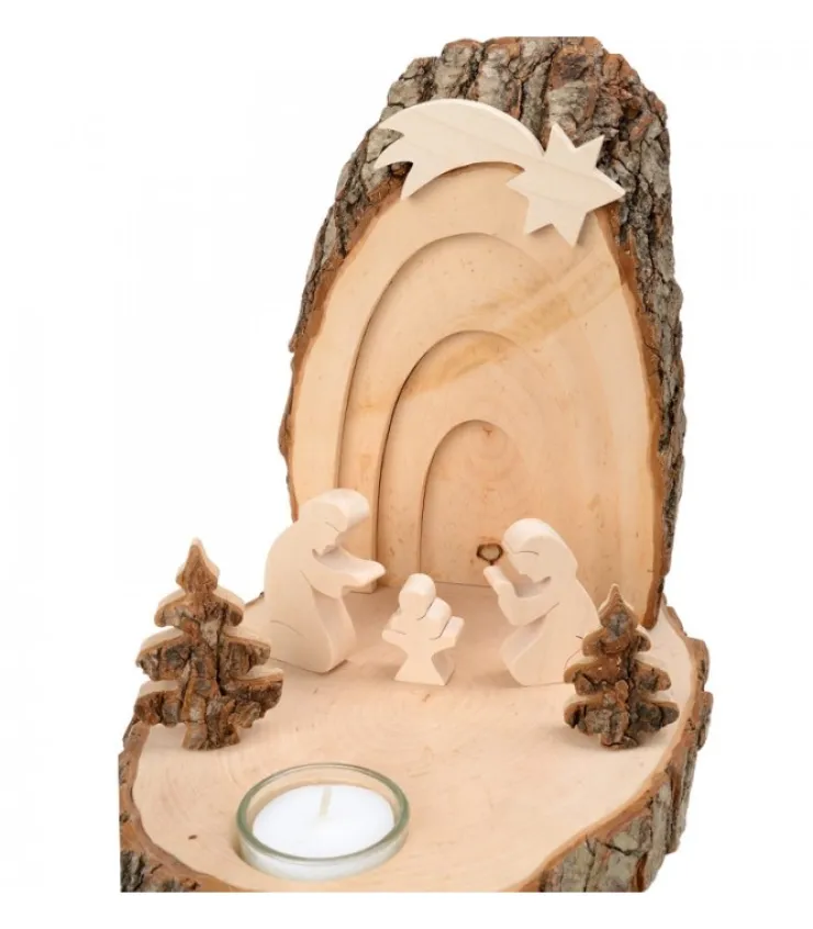 Waldfabrik, photophore en bois et étoile sapin de Noël Petite Crèche De Noël En Ecorce De Bois Avec Sapins Et Bougeoir