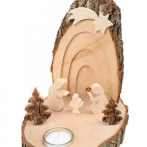Waldfabrik, photophore en bois et étoile sapin de Noël Petite Crèche De Noël En Ecorce De Bois Avec Sapins Et Bougeoir