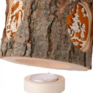 Waldfabrik, photophore en bois et étoile sapin de Noël Photophore Rondin De Bois, Avec 3 Motifs, Crèche, Anges Et Bonhomme De Neige