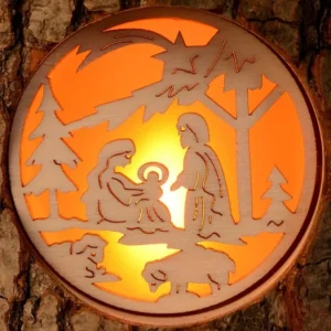 Waldfabrik, photophore en bois et étoile sapin de Noël Photophore Rondin De Bois, Avec 3 Motifs, Crèche, Anges Et Bonhomme De Neige