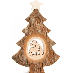 Waldfabrik, photophore en bois et étoile sapin de Noël Sapin Noël En Bois Avec Cerf Cisele, 18 Cm